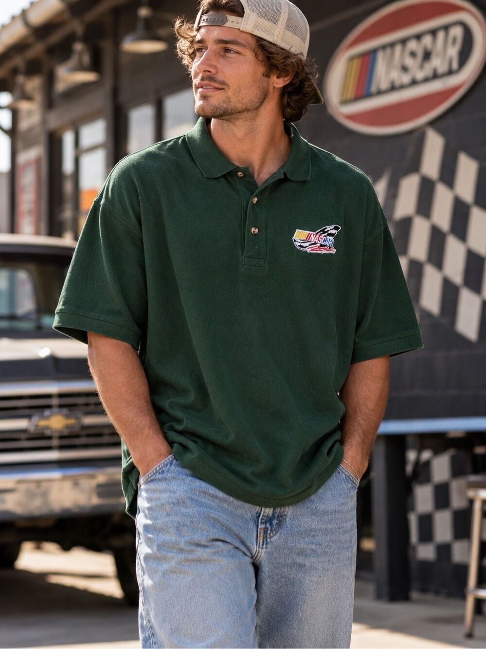 Vintage Kudzu NASCAR Green Polo Shirt XL 90s Racing Cotton